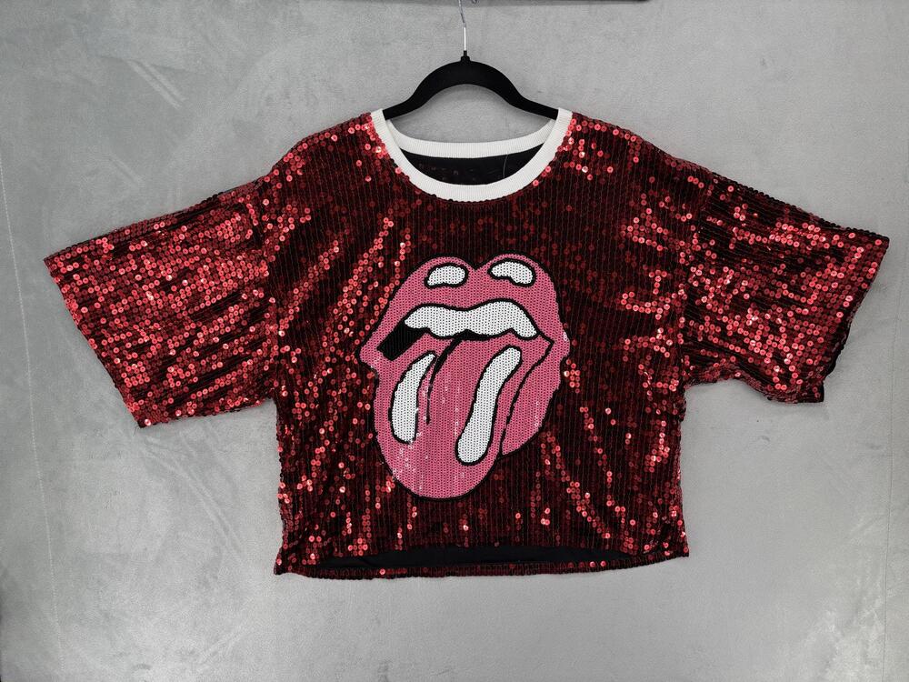Rolling Stones Shirt Womens One Size Red Sequin Cropped Kimono Sleeve